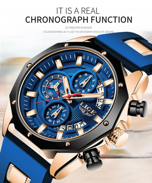 Mens Watch Luxury Silicone Strap Waterproof Sport Quartz Watch Men Chronograph Military Clock
