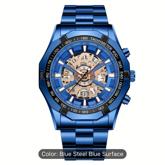 Men’s Watch-blue Steel Binbond Hollow Quartz Waterproof